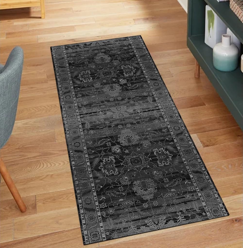 Alfombra antideslizante pasillo negra 40x180 lavable para dormitorio bohemio