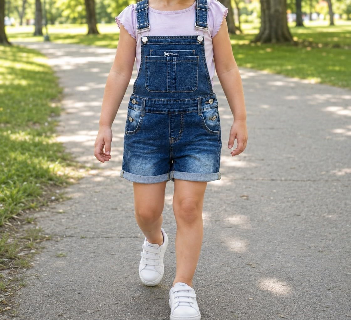KIDSCOOL Girls Classic Denim Overall Shorts Cuffed Hem Jean Shortalls