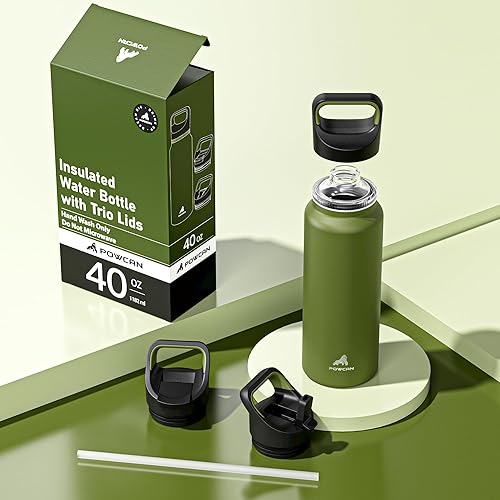 Miniatura 8 de Botella de agua aislada de 40 oz para campamento 3 tapas, a prueba de fugas, mantiene el hielo 24 horas y caliente 12 horas, doble pared, botella de