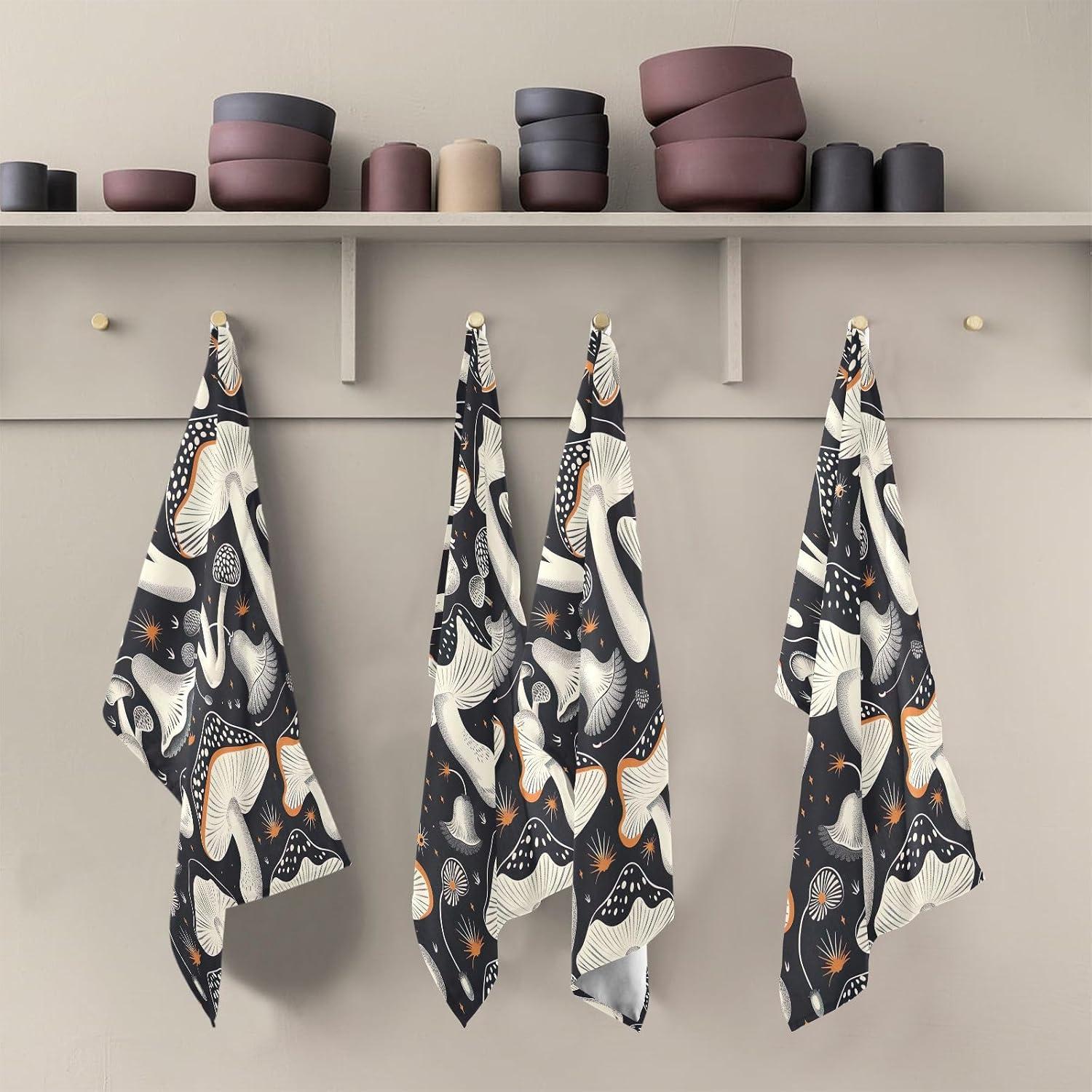 Mushrooms Black Kitchen Towels Set of 6, Soft Absorbent Quick Drying and Reusable Dish Towels for Kitchen, Bathroom and Home Decor, 18 x 28 in