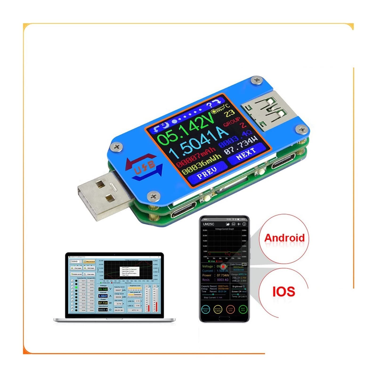 RD UM25 UM25C. zum App USB 2.0. Art -C LCD. Voltmeter-Amperemeterspannung Stromzähler Batterieladung USB-Tester(UM25C and LD35)