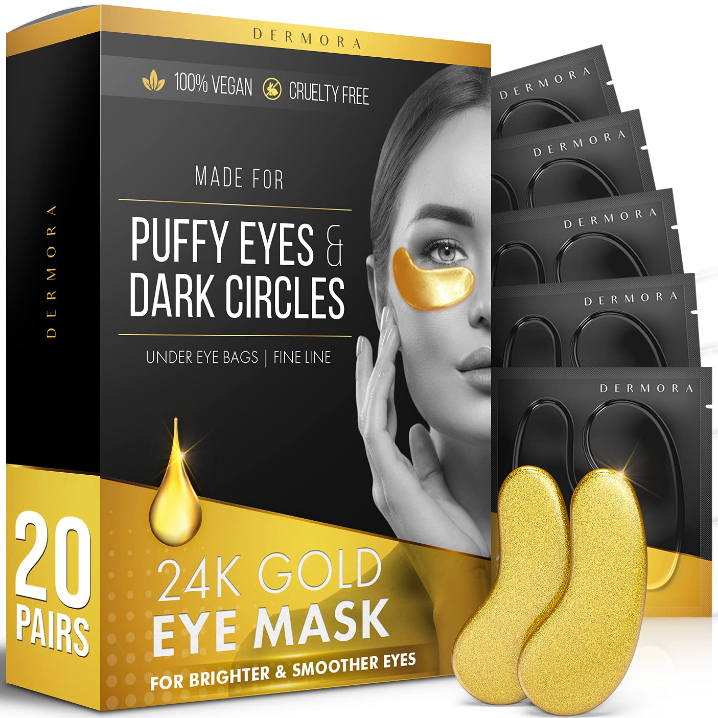 24K Vegan Gold Eye Mask - Puffy Eyes and Dark Circles Treatments – Look Less Tired and Reduce Wrinkles and Fine Lines Undereye, Vegan & Cruelty free. : Beauty & Personal Care