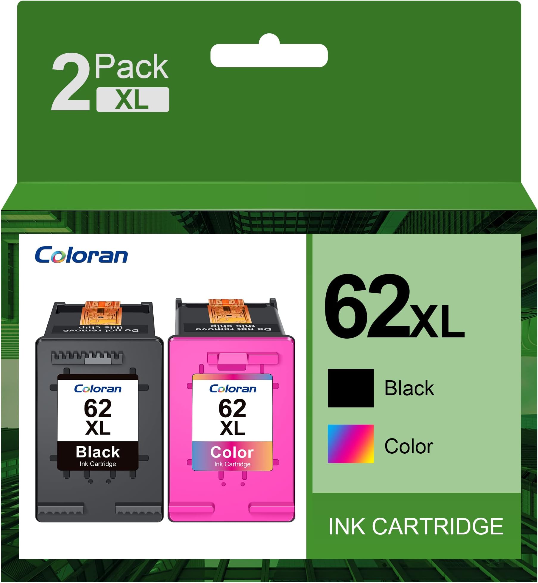 Coloran 62XL Ink Cartridges, for HP 62 XL Black and Tri-color, Compatible for Envy 5540 5541 5542 5543 5544 5545 5546 5547 5548 5640 5642 5644 7640 OfficeJet 200 250 5740 5742 5744(2-Pack)