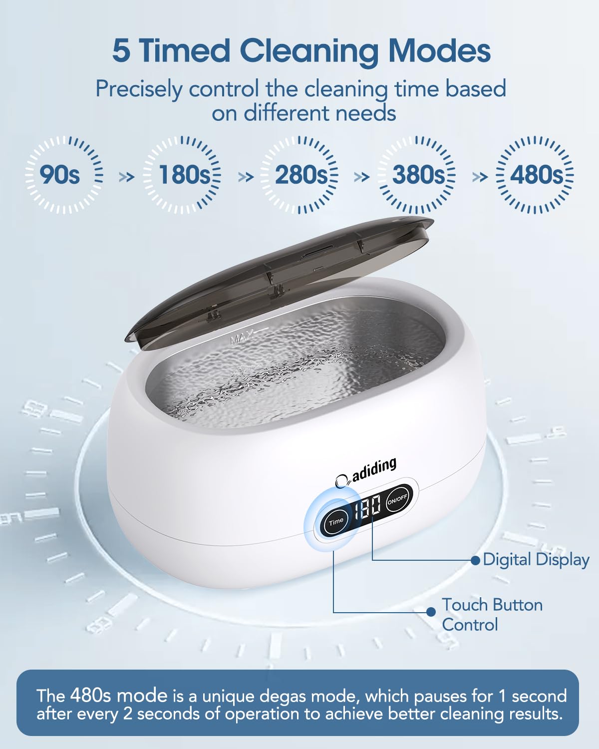 Adiding - Limpiador ultrasónico por ultrasonidos (650 ml, 5 modos de tiempo, 45 kHz, dispositivo ultrasónico para limpieza de gafas, joyas, relojes, dentaduras postizas, monedas)