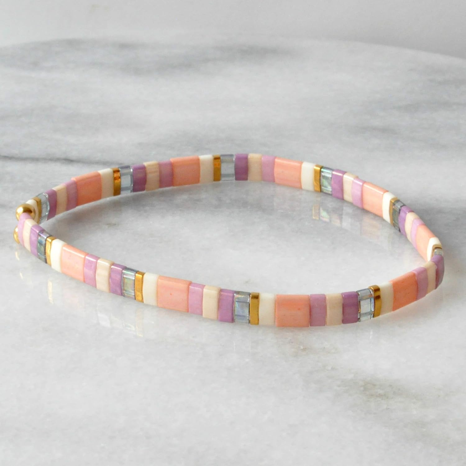 Pastel Purple and Blush 7 inch Tile Beaded Stretch Bracelet with Tila Beads