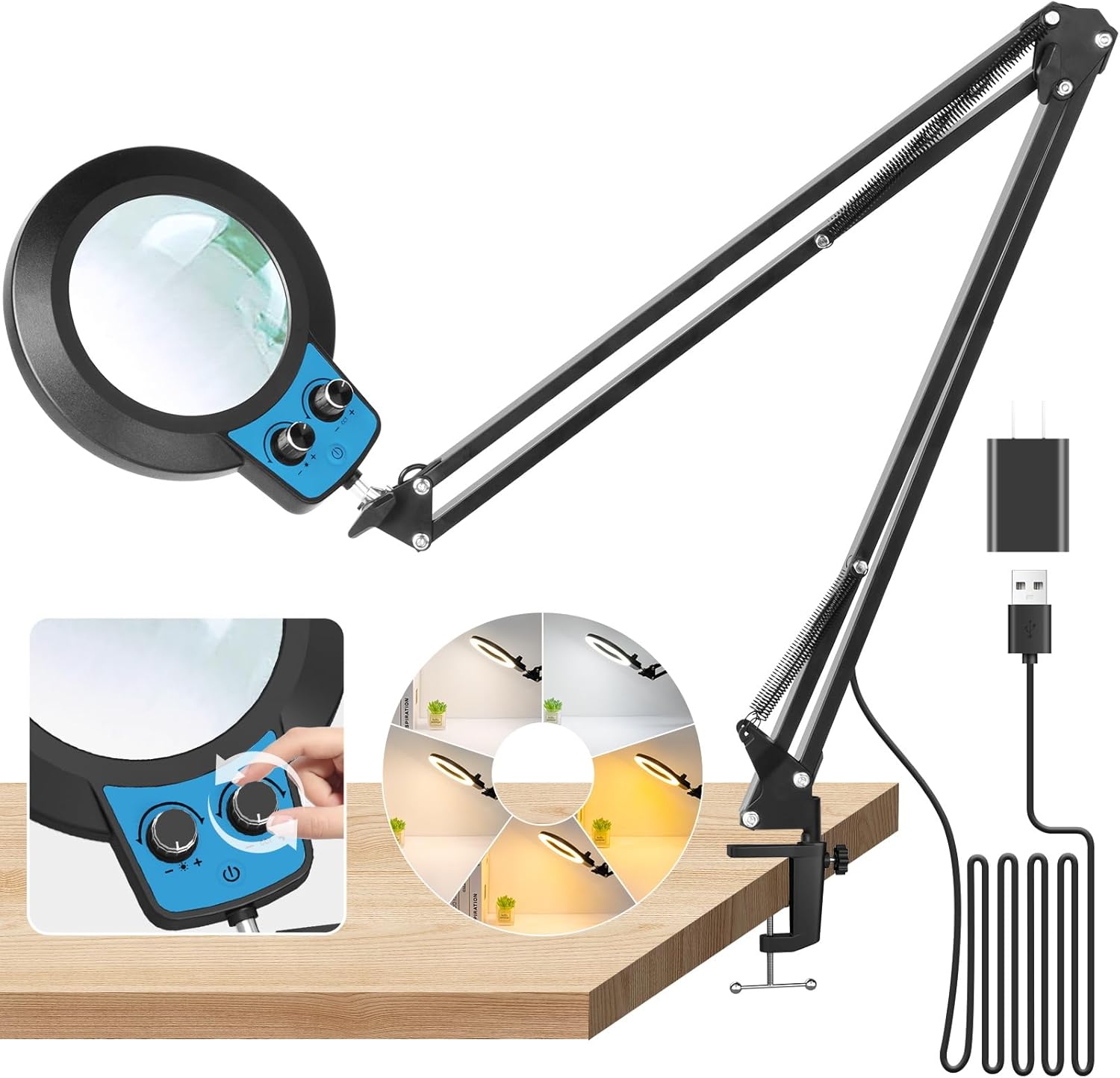 12X Magnifying Glass with Light and Stand, Upgraded Any Color Modes & Stepless Dimming Magnifying Lamp with Clamp, Adjustable Long Arm LED Lighted Magnifier for Craft Repair Workbench-Blue Label