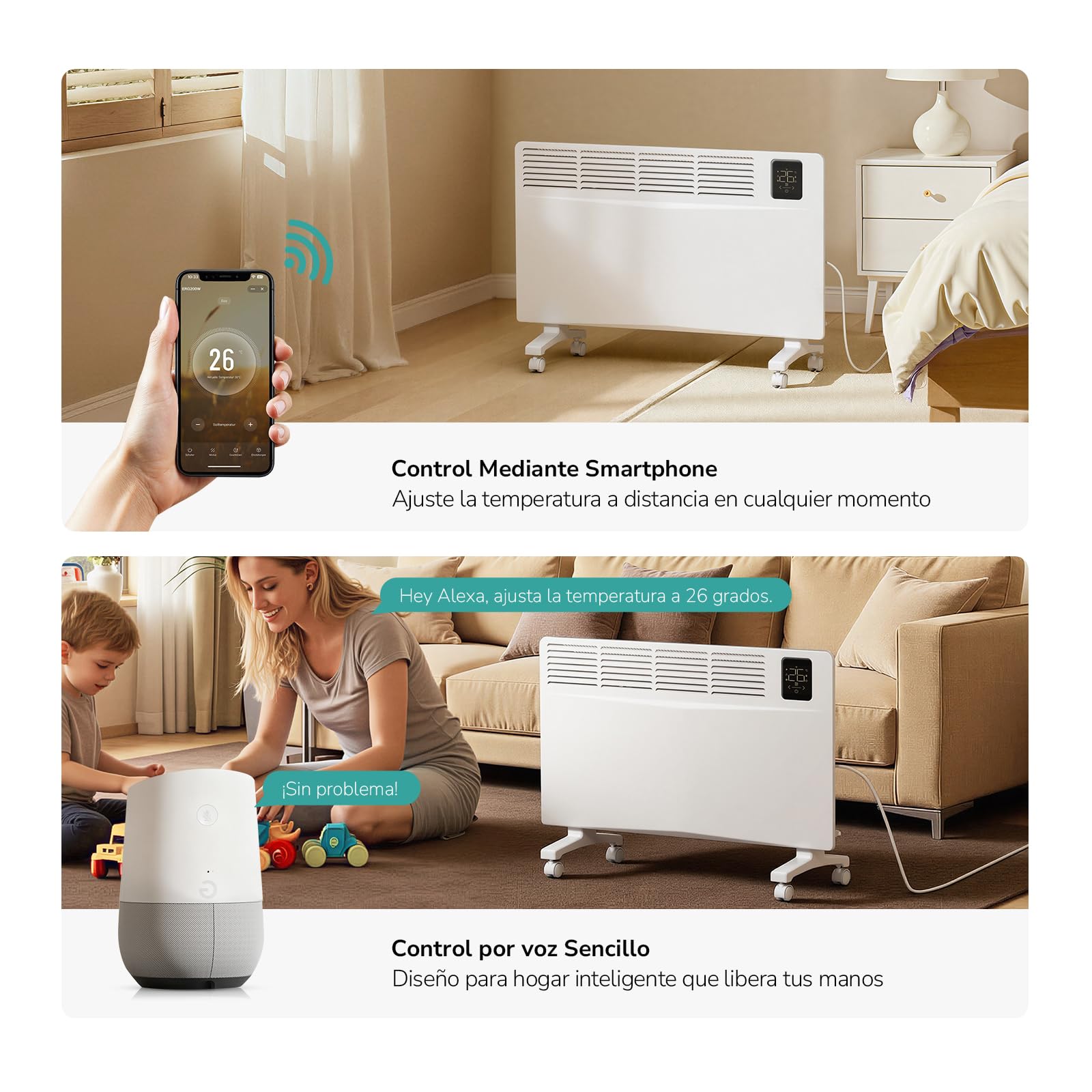 EMKE Radiador Eléctrico Inteligente 2000W Blanco,755×420×80 mm | Convectores con WiFi y Control por App, Calefacción Eléctrica de Bajo Consumo, Montaje en Pared o de Pie