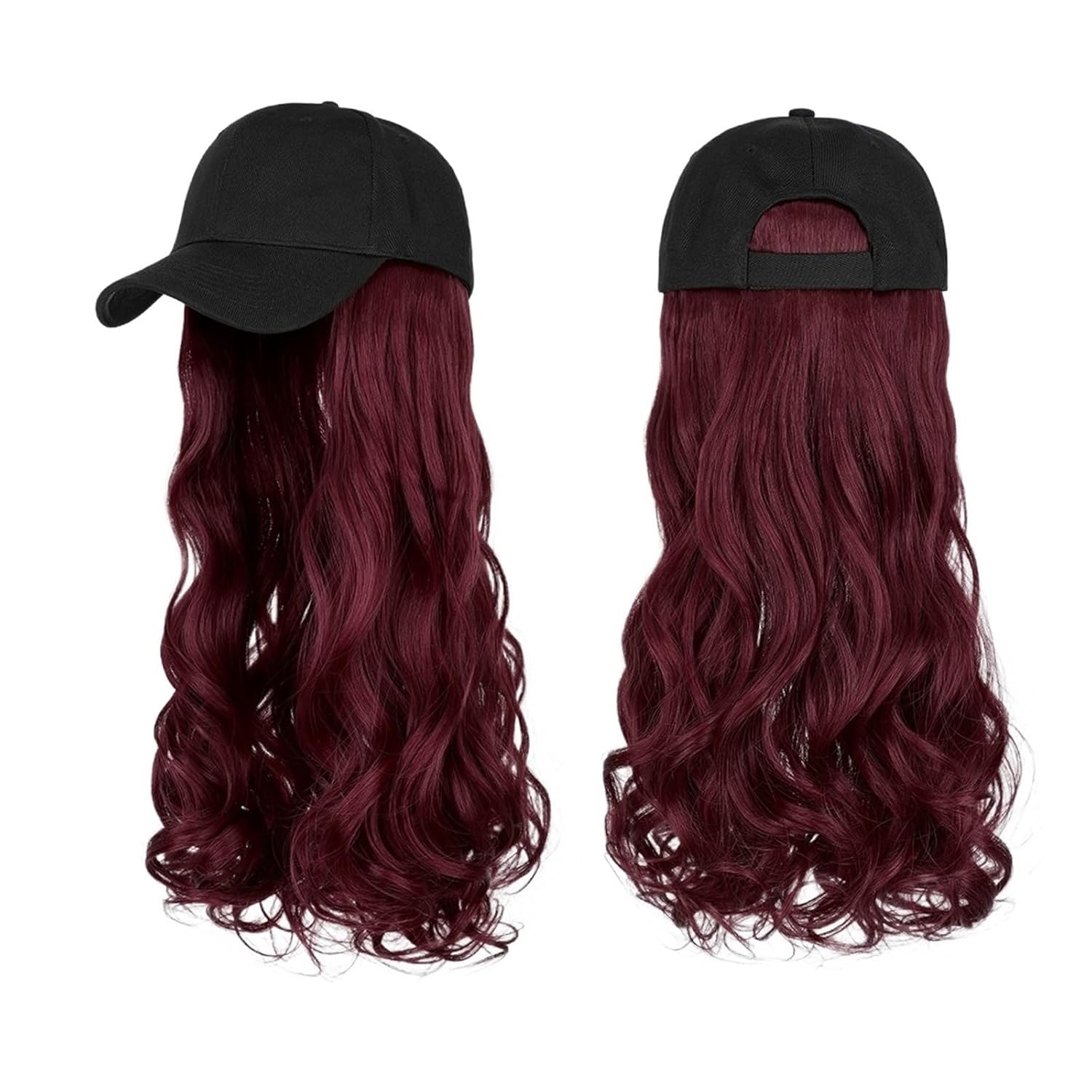 FEELIN Baseball Cap with Hair Extensions Long Wavy Synthetic Wig Baseball Cap With Hair Extensions Hat Wigs Natural Connect Wig Adjustable For Women Hat Wig(Color:1)