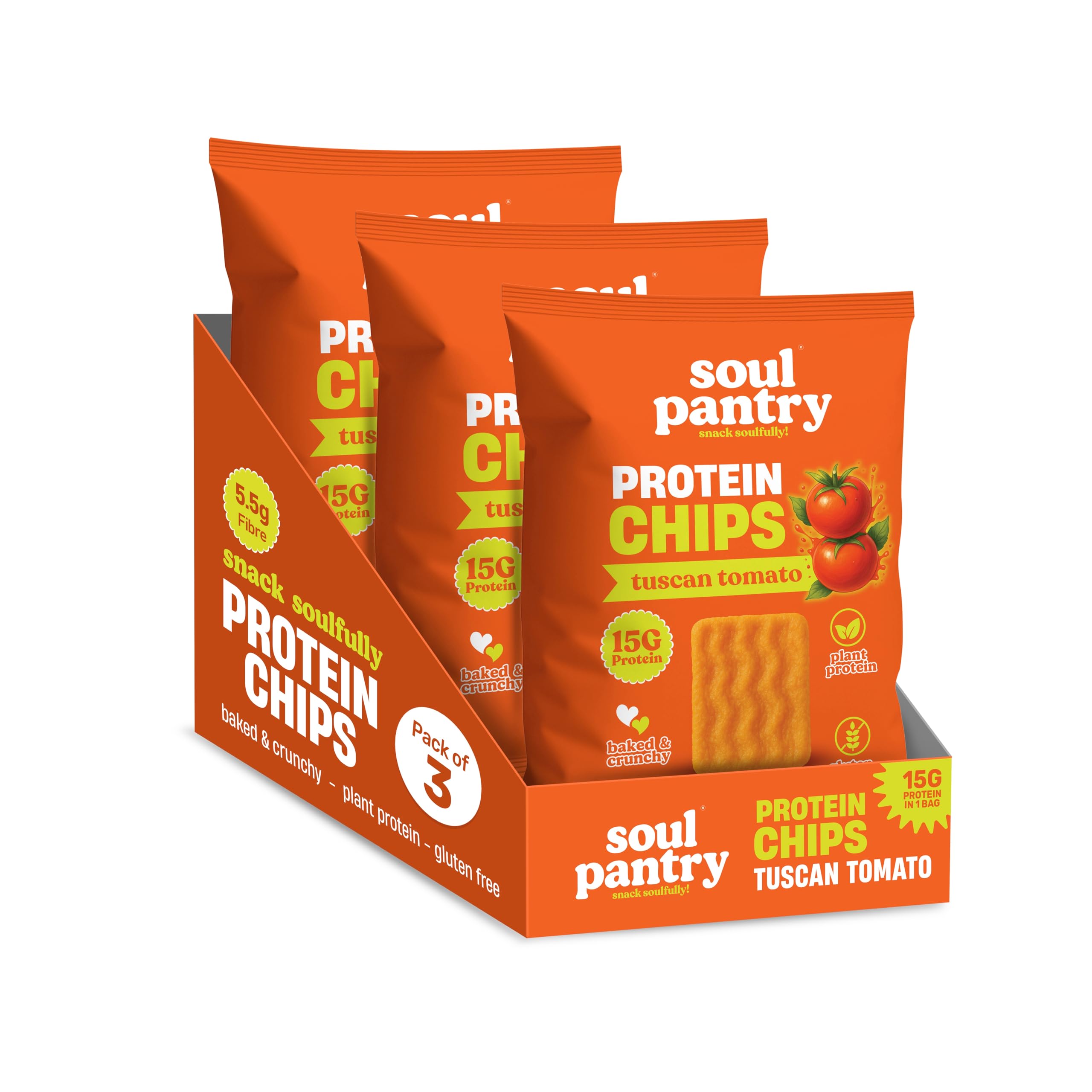 Soul Pantry Protein Chips – Tuscan Tomato Flavor | High Protein, Gluten Free, Vegan, Healthy Snack | Plant-Based Baked Chips, Non-GMO | 3 Pack