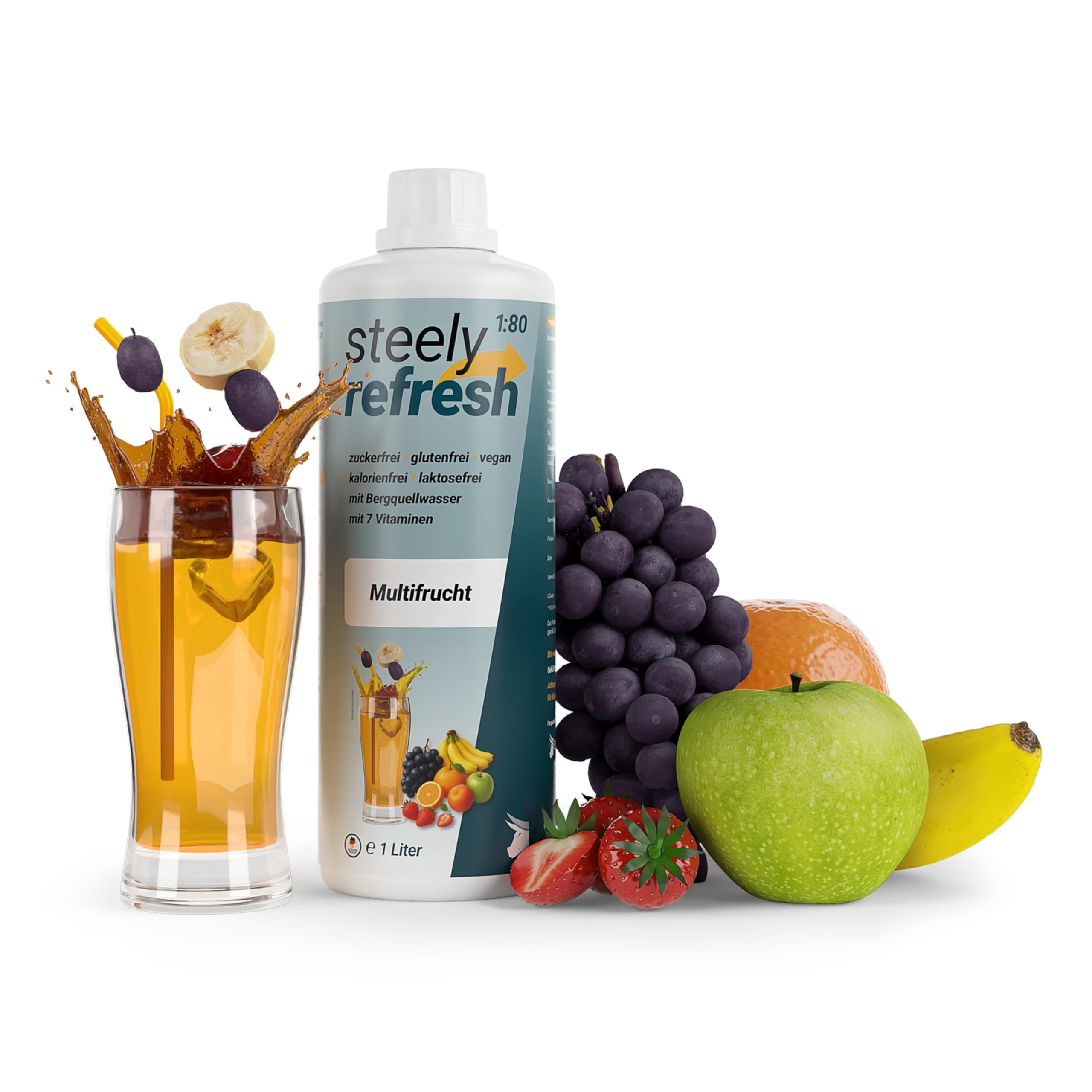 STEELY SPORTS SteelyRefresh Sirup Multifrucht, zuckerfrei mit Vitaminen, 1L Getränkekonzentrat für 80L, Sirup für Wassersprudler