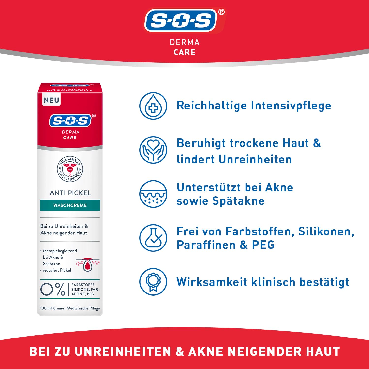 SOS Derma Care Anti-Pickel Waschcreme (6x 100 ml) – Klärende Gesichtsreinigung für unreine Haut – bei Pickeln & Hautunreinheiten – Ohne Farbstoffe, Silikone, Paraffine & PEG – Dermatologisch