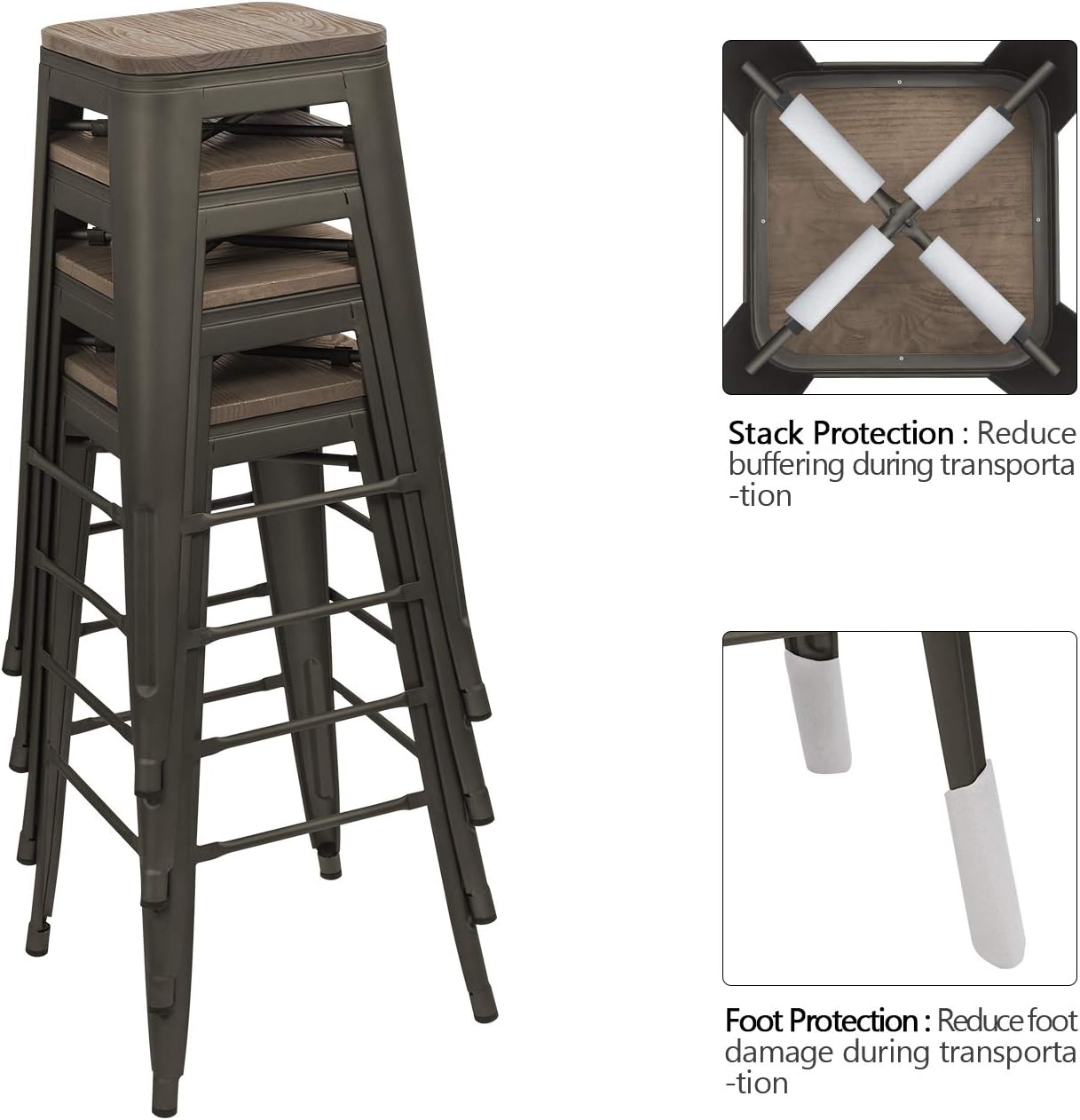 Devoko Metal Bar Stool 30'' Indoor Outdoor Stackable Barstools Modern Industrial Square Wood Top Bar Stools Set of 4 (Gun)