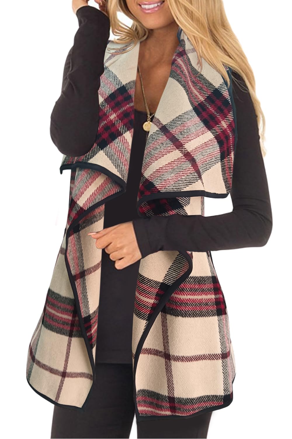YACUN Women Plaid Vest Lapel Open Front Sleeveless Cardigan