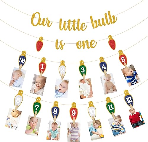 Bombilla de Navidad para el primer cumpleaños, pancarta de fotos de Navidad, pancarta de fotos de cumpleaños para recién nacidos a 12 meses,