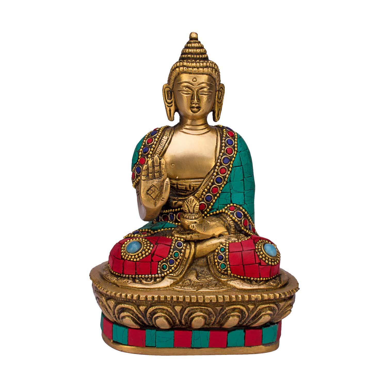 Kartique Brass Buddha In Blessing Posture With Sacred Kalash & Draped In Stone Embellished Shawl