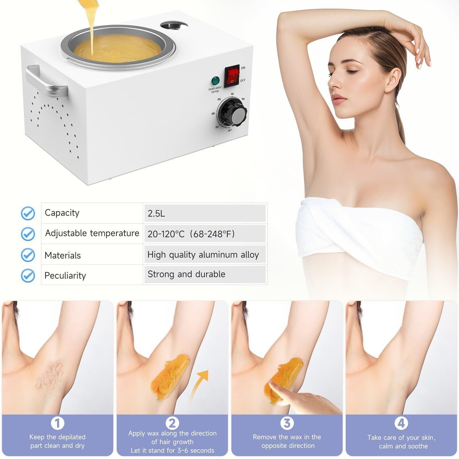 Calentador de Cera de Parafina 2.5L para Manos y Pies, Máquina Depilatoria Profesional 300W con Temperatura Ajustable 20-120°C, Compatible con Cera Dura y Cera Depilatoria, Uso Doméstico y Salón