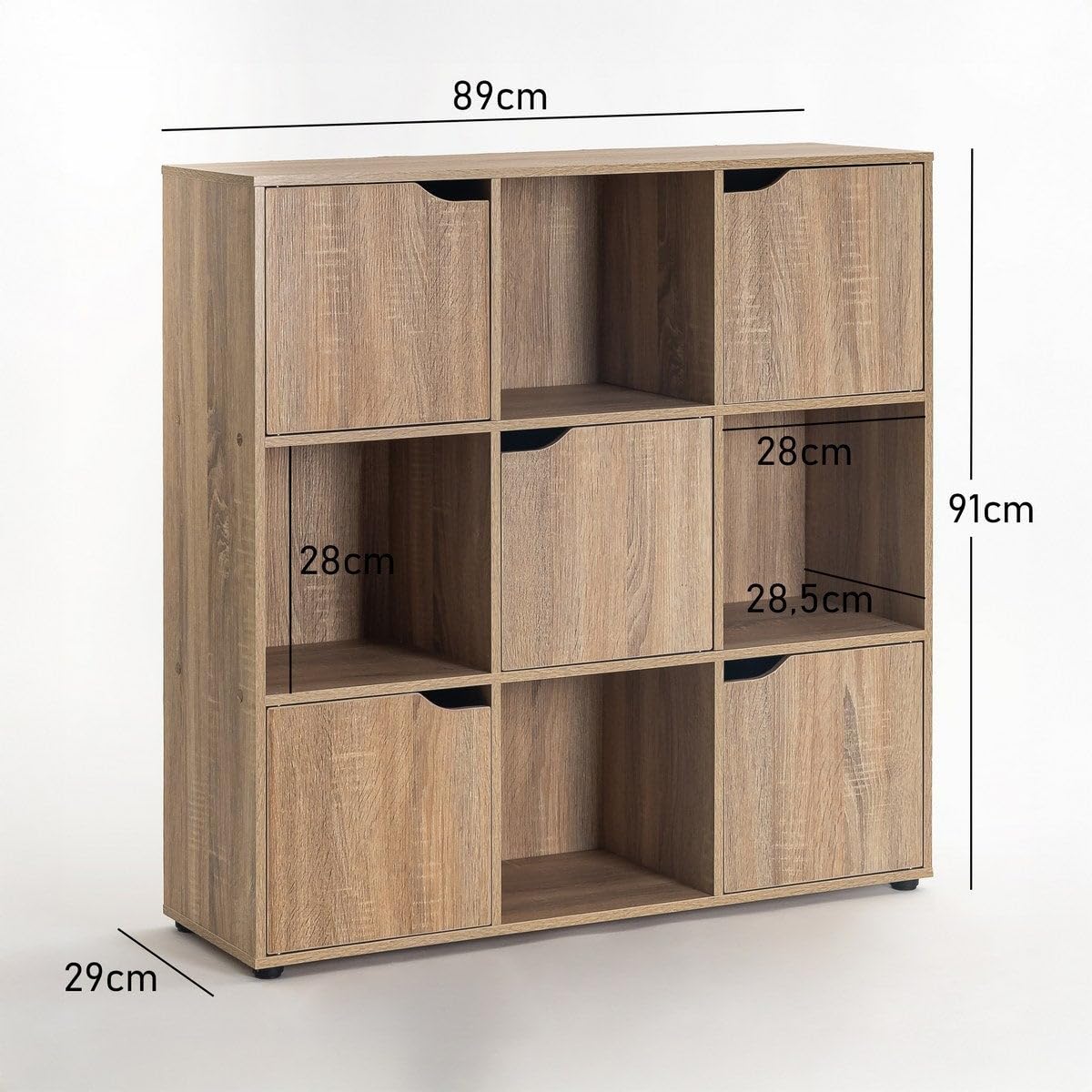 LOLAhome Estantería de Madera, Librería, Estantería Cubo con Puertas y Compartimentos Abiertos, Mueble almacenaje, en Color Natural de 90x29x90 cm para para Estudio,Dormitorio, Salón y Oficina