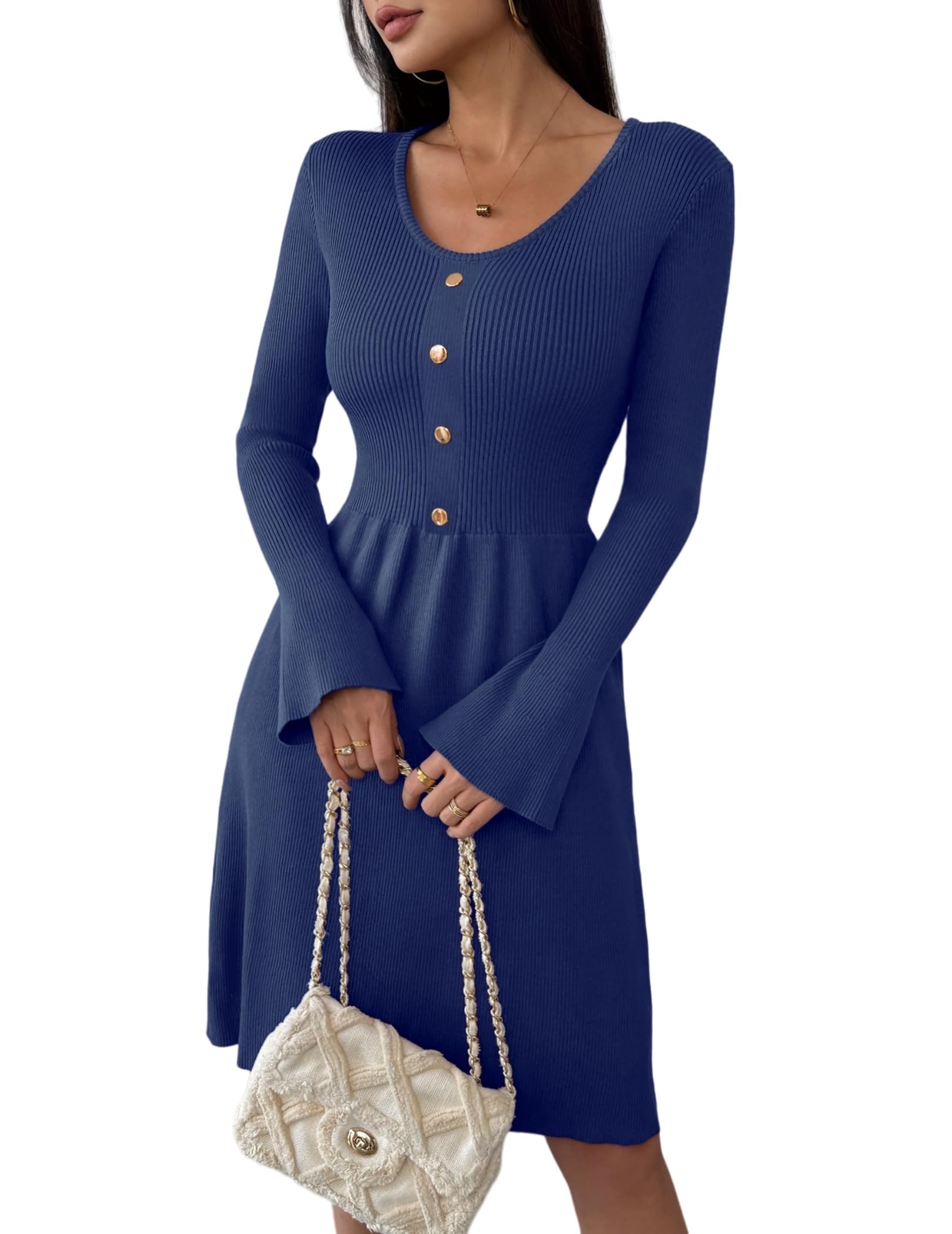 Zeagoo gebreide jurk voor dames, lange mouwen, herfstjurk, V-hals, pulloverjurk, elegant winterjurk, eenvoudige A-lijn, midi-jurk met trompetmouw, blauw, S