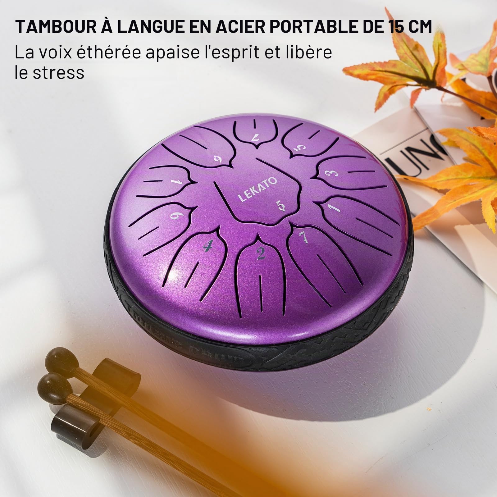LEKATO Steel Tongue Drum à 6 Pouce 11 Notes Ré(D) Majeur, Steel Handpan Mini Tambour à Langue pour Débutant, Idéal Pour Méditation, Yoga, Education Musicale, Violet Nacré