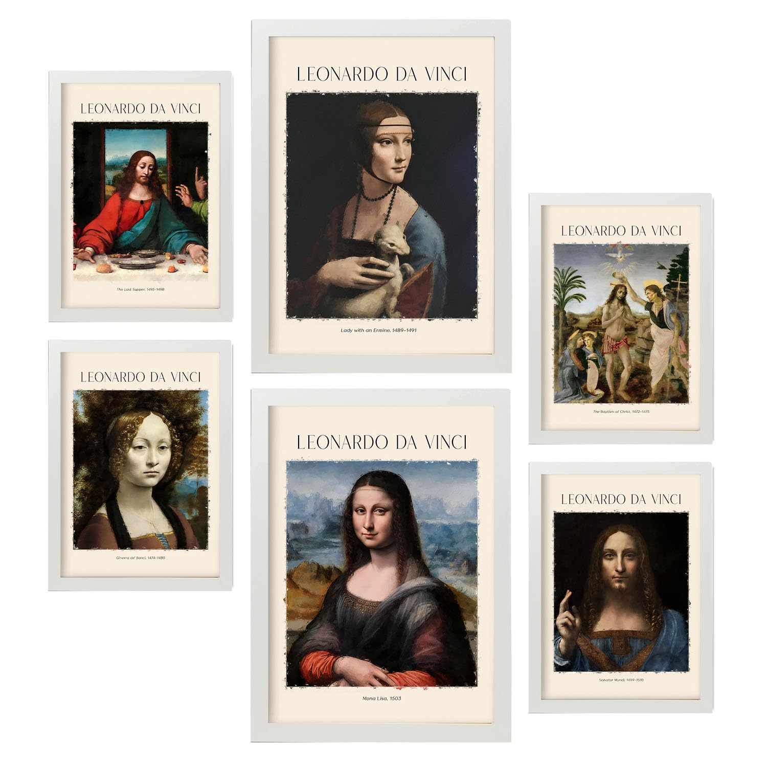 Nacnic Foglio poster da Vinci. Galleria del pittore. Dipinti decorativi per il tuo soggiorno, camera da letto, casa. Stampe d'arte da parete. Dimensioni A4 e A3 con cornici bianche