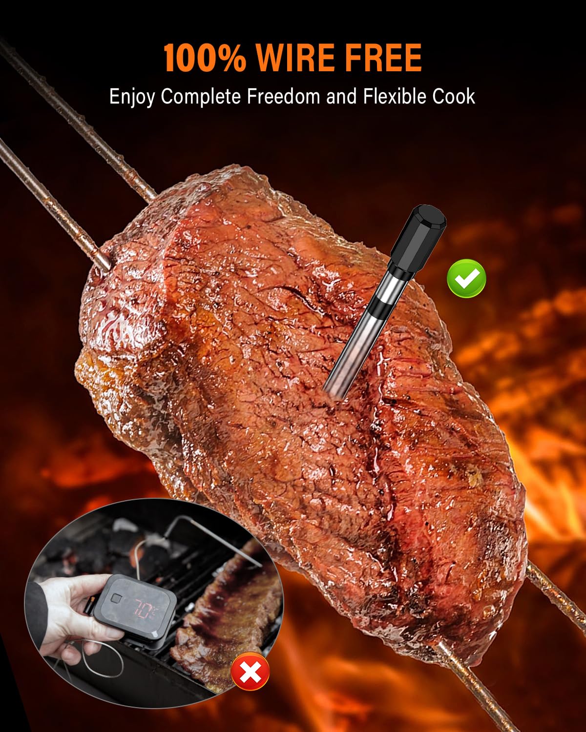 Termometro Cocina, Apkezel Termometro Digital Cocina Inalámbrico con Aplicación, IP67 a Prueba de Agua Meat Thermometer, Termometro Carne para BBQ, Horno, Grill, Cocina, Asador