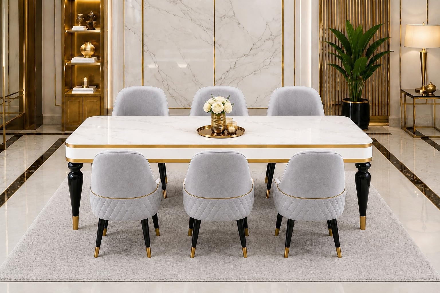 6-Seater Wooden Dining Table Set | Nano Composite Marble Top | Solid Wood Base | Modern Dining Room Furniture with 6 Chairs (Light Grey)-image-30