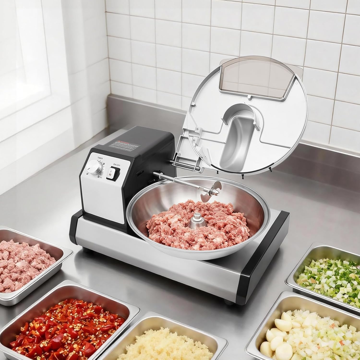 Commercial Food Processor, Vegetable Chopper Meat Grinder Mincer, Heavy Duty Electric Veggie Mincer with Safety Lid, Transparent Window, Non-Slip Feet, Dishwasher-Safe Parts