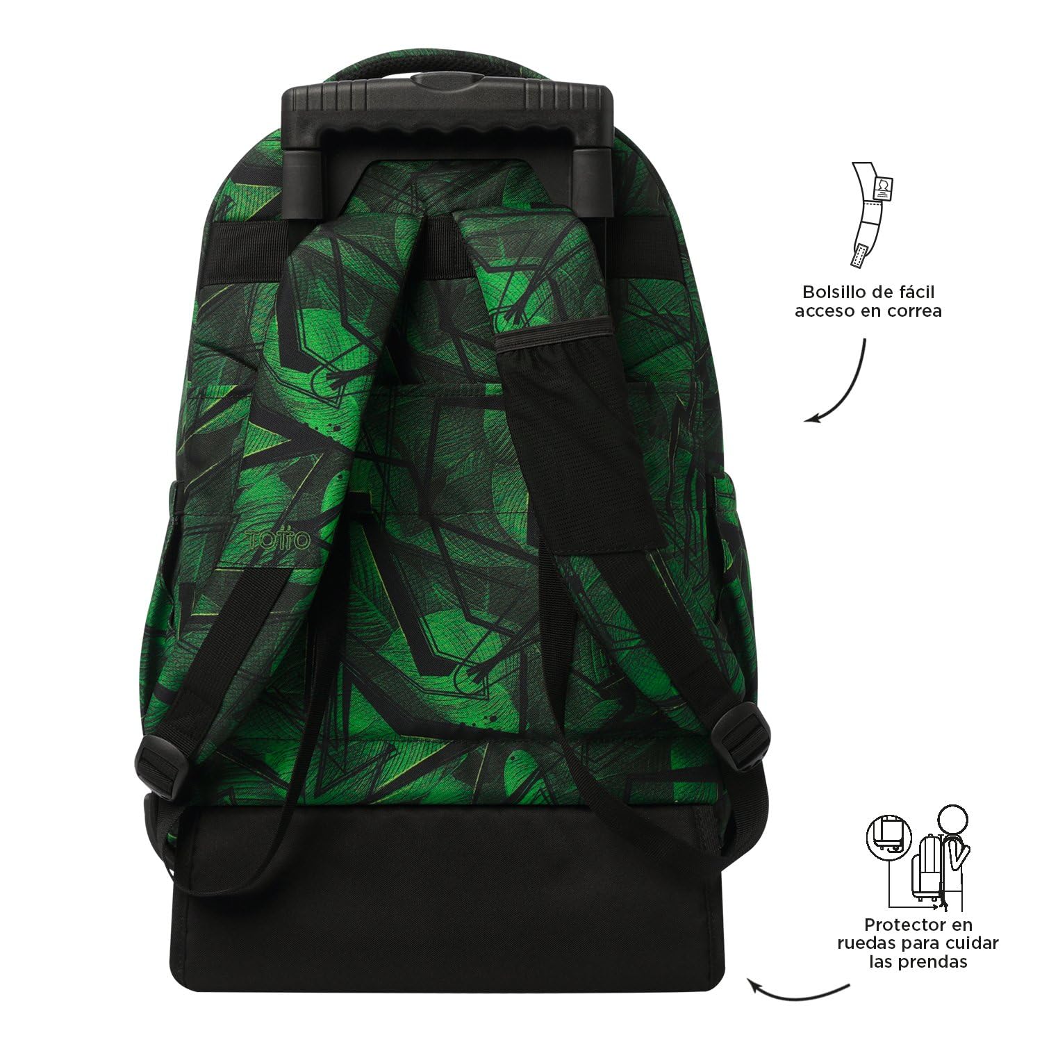 TOTTO - Mochila Escolar con Ruedas, Modelo Renglones, Capacidad 26,21 Litros, Bolsillo para PC 14", Bolsillo Botella, Correas en S para Mayor Comodidad, Resistente, Estampado Jhony Jungle