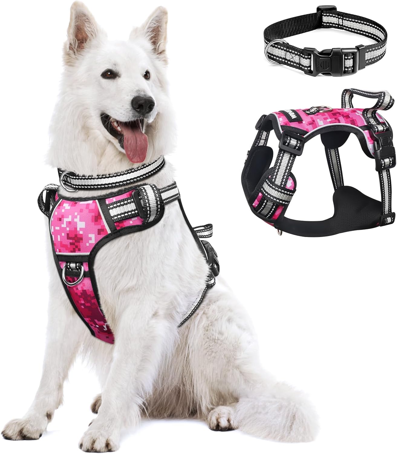 WINSEE Dog Harness No Pull, Pet Harnesses with Dog Collar, Adjustable Reflective Oxford Outdoor Vest, Front/Back Leash Clips for Small, Medium, Large, Extra Large Dogs, Easy Control Handle for Walking