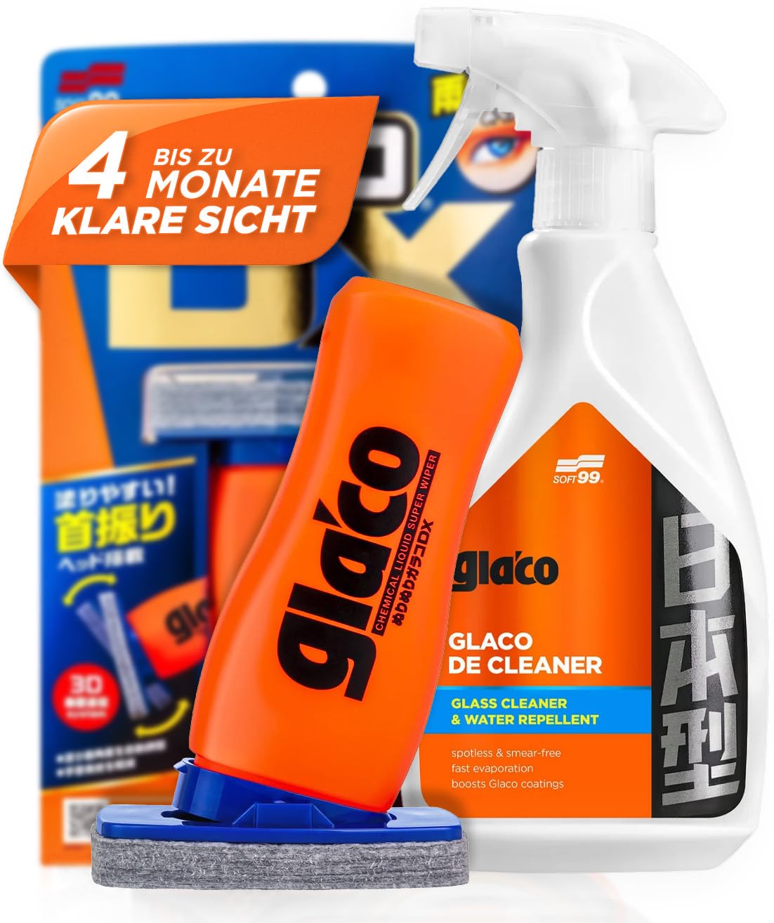 Glasversiegelung Set: Soft99 Glaco DX (110ml) Scheibenversiegelung Auto + Soft99 Glaco De Cleaner (500ml) Glasreiniger - Regenabweiser mit Abperleffekt für verbesserte Sicht bei Regen | 2-teilig
