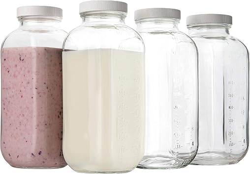 32oz Square Glass Milk Bottle with Lids, Plastic Airtight Caps, Kombucha, Water- Pack of 4