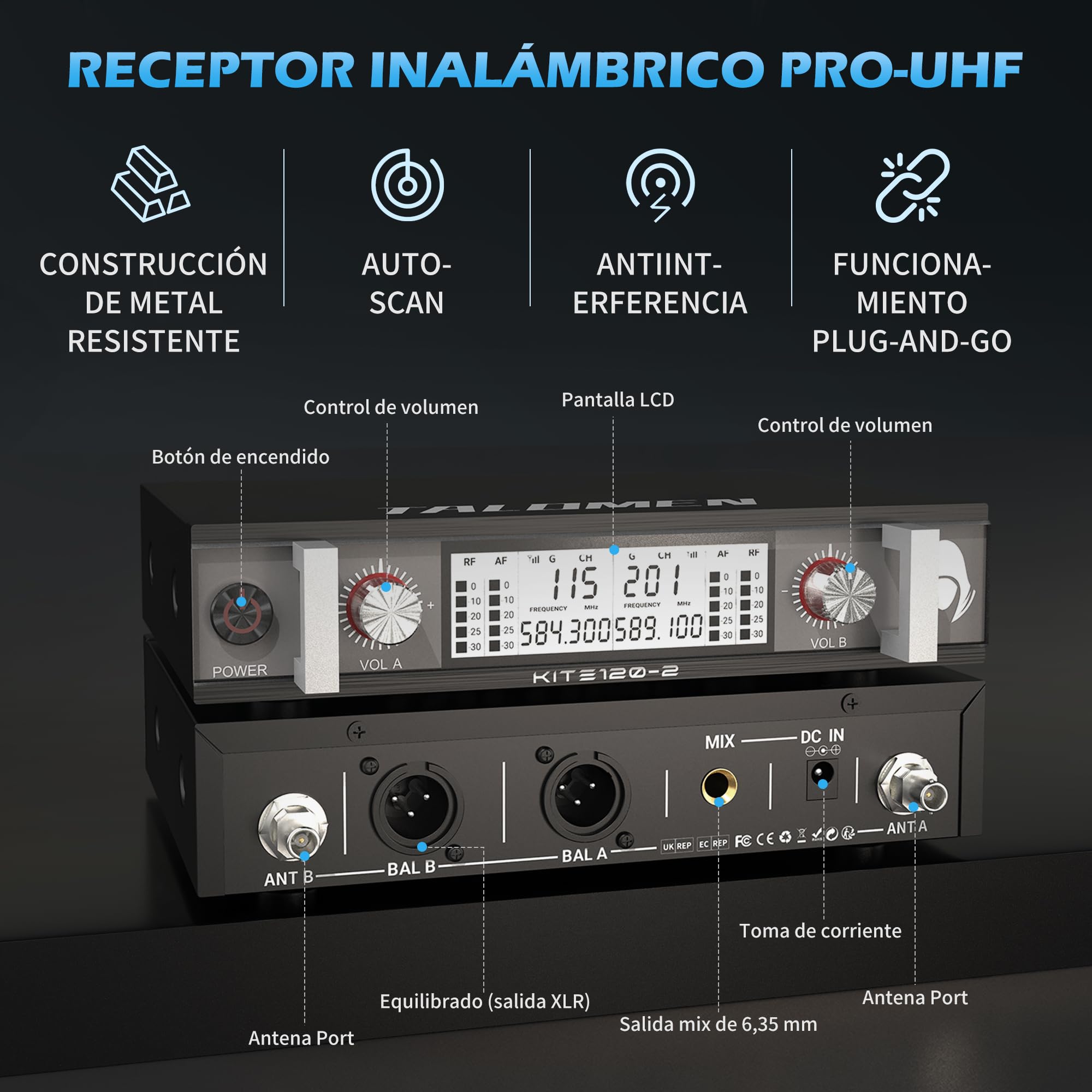 talomen Micrófono Inalámbrico UHF, Set de 2 Micrófonos Dinámicos de Mano de Metal, Auto Scan, Alcance 120 m, Receptor de Doble Canal, Ideal para Canto, Karaoke, Fiestas, DJ, Iglesia – K120 Negro