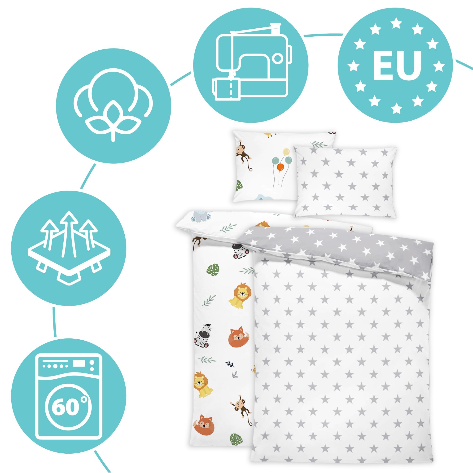 Kinderdecke und Kissen Set mit Bettwäsche - Bettdecke Kinderbettdecke 90x120 cm Baby Decke Kinder Steppdecke Bettzeug Mikrofaser 2 Stück Bettwäsche: Sterne und Safari
