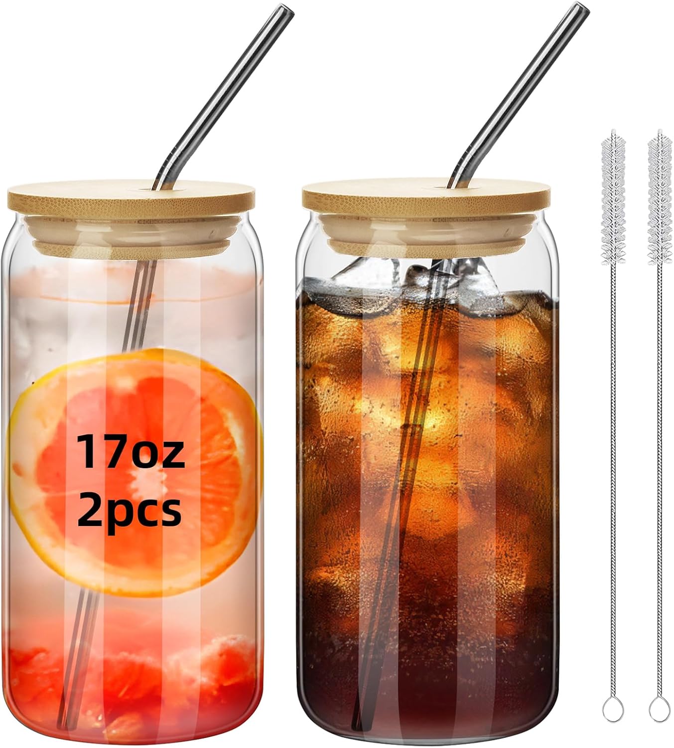 16OZ Glass Cups with Bamboo Lids and Straw Cleaning Brushes – Beer Shaped Drinking Glasses Set, Iced Coffee Glasses, Cute Tumbler Cup, Aesthetic Coffee Bar Accessories, Gift (2)