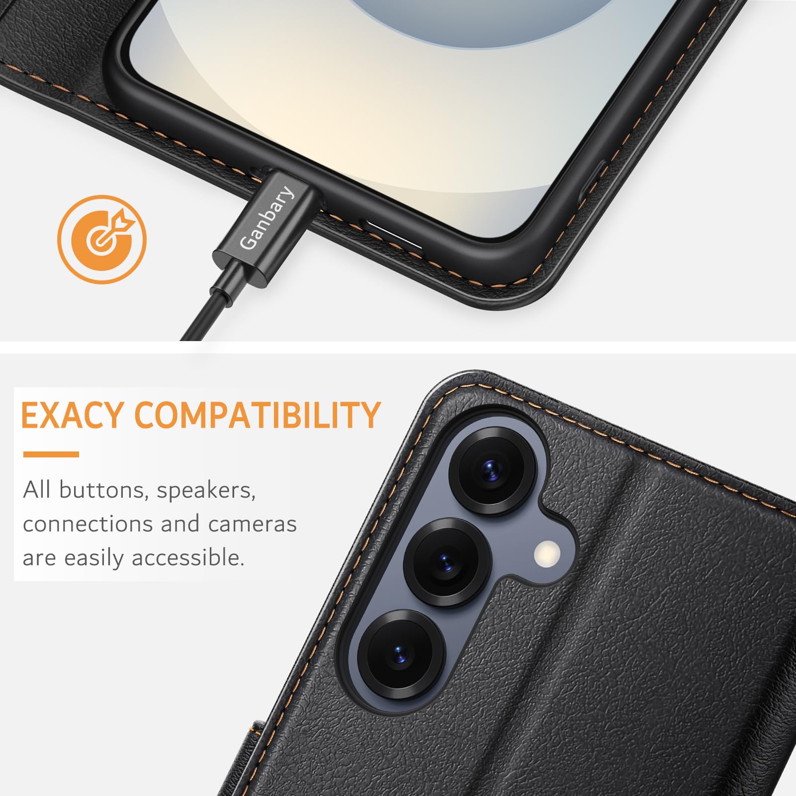 Ganbary Etui kompatybilne z Samsung Galaxy S25 FE, wysokiej jakości etui z klapką ze skóry PU do Samsung Galaxy S25 FE [pełna ochrona] [przegródki na karty] [podpórka], czarne