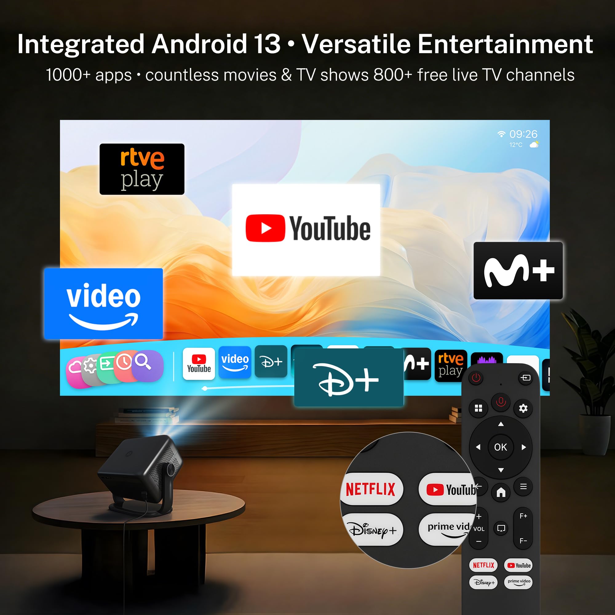 [Compatible con Netflix] Proyector Inteligente 1080P Nativo, 800 ANSI | Android 13, Soporta 4K, Control Remoto Air Mouse, Enfoque y Corrección Automáticos por IA, WiFi y BT, Audio Hi-Res
