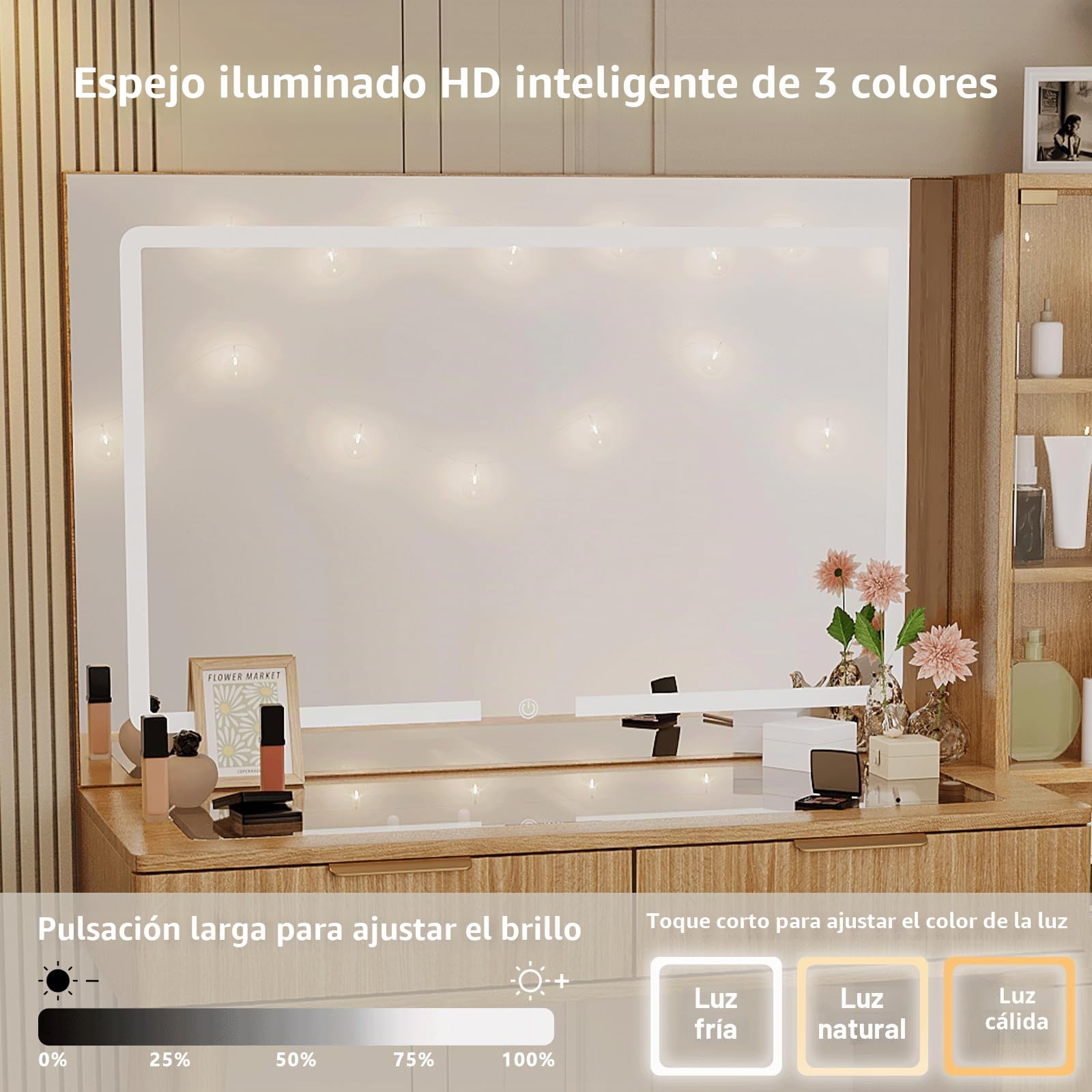 Tocador moderno, 120 cm, con espejo de 90 cm y 3 luces de colores, 5 cajones, estantes abiertos, base de carga de cristal (roble natural)