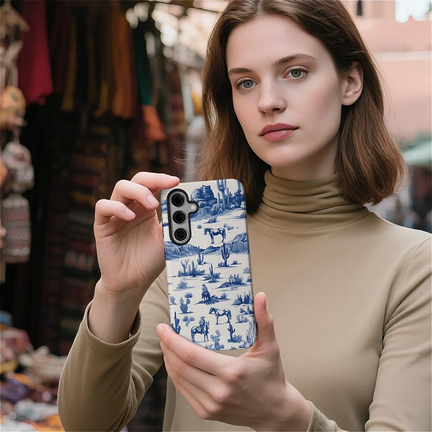 do Samsung Galaxy S25 etui, hybrydowe 2-warstwowe silikonowe ochronne błyszczące etui dla dziewcząt kobiet do Samsung Galaxy S25 zachodni kowboj koń krowa pustynia kaktusy wzór