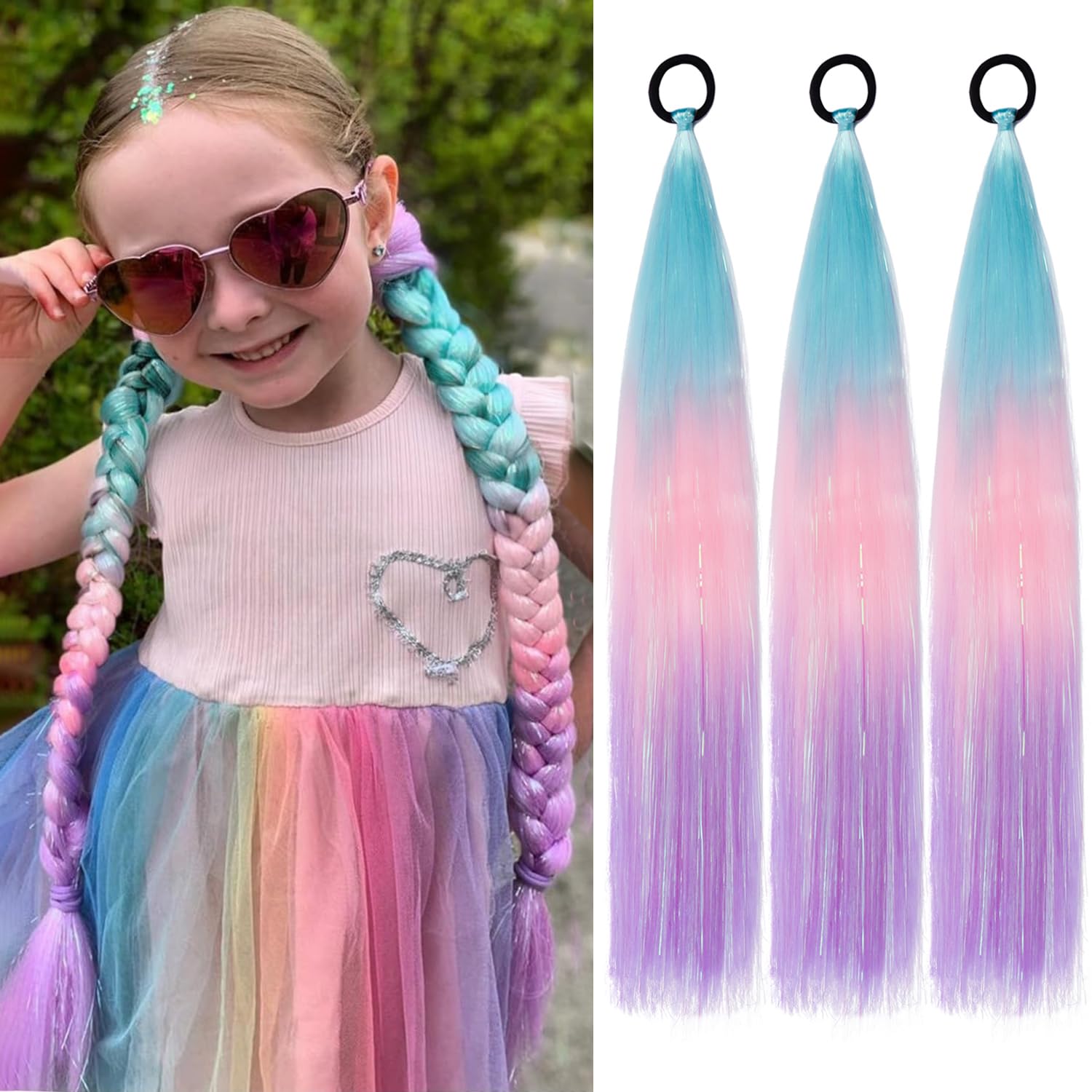 PORSMEER 3 Pcs Rainbow Hair Extensions With Elastic Tie,3 Tone Mermaid Hair for Braiding Crochet,Synthetic Braided Ponytail Extension for Women,Glitter Hair for Festival/Party (Blue/Pink/Purple)