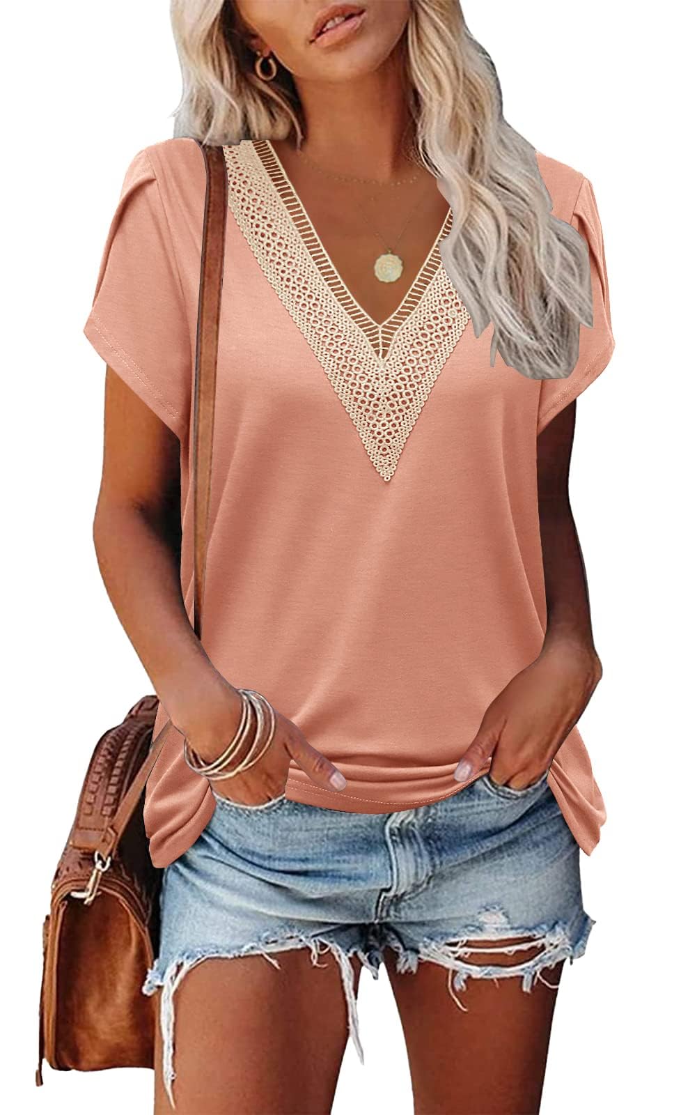 Famulily T-Shirts für Damen V Ausschnitt Sommer Lässige Oberteile Blütenblatt Kurzarm Tops