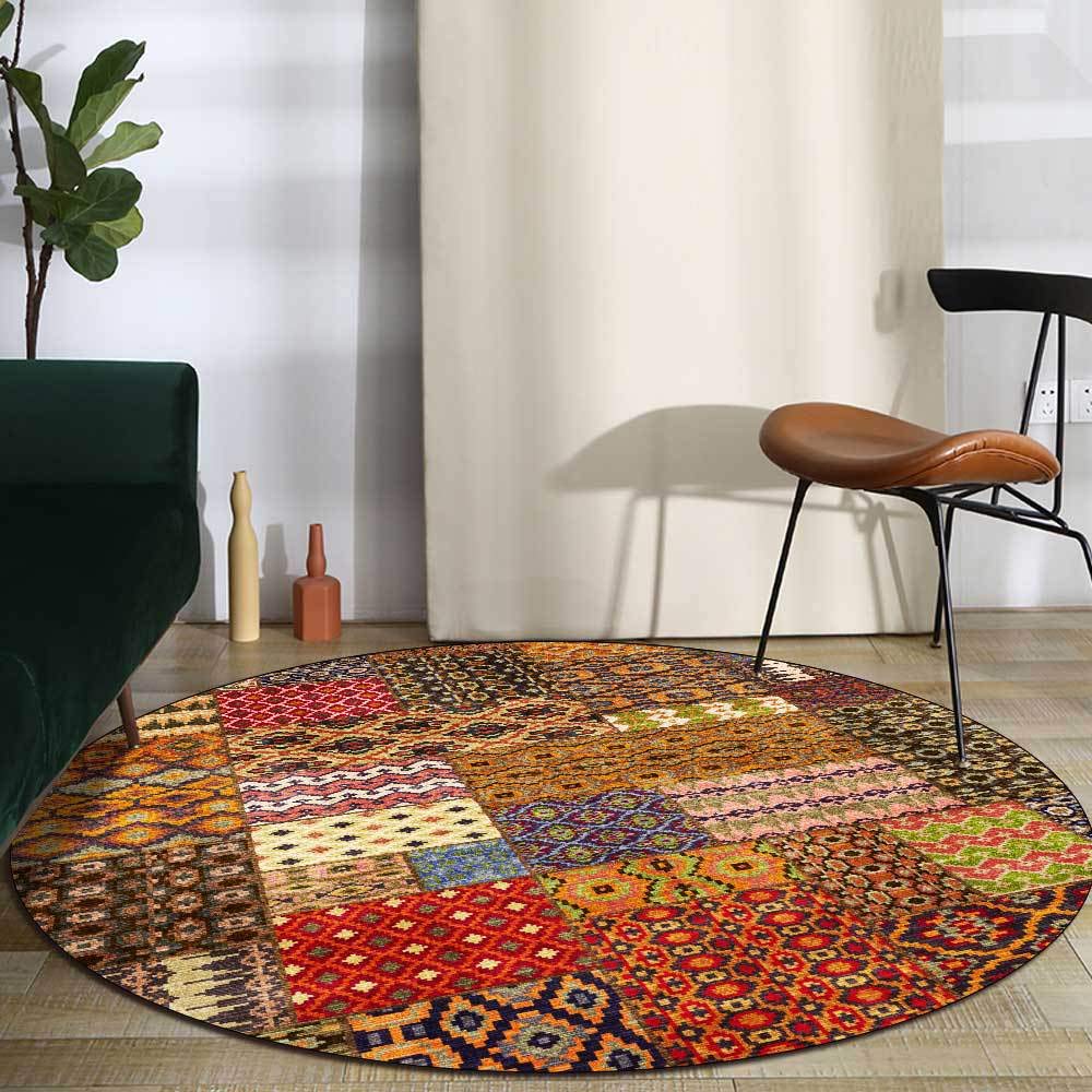 GUGJHFVH Round New Living Room Rugs ø 90 cm Dining Lounge Bedside Soft Easy Care Ethnic Style Carpet Geometric Patchwork Color