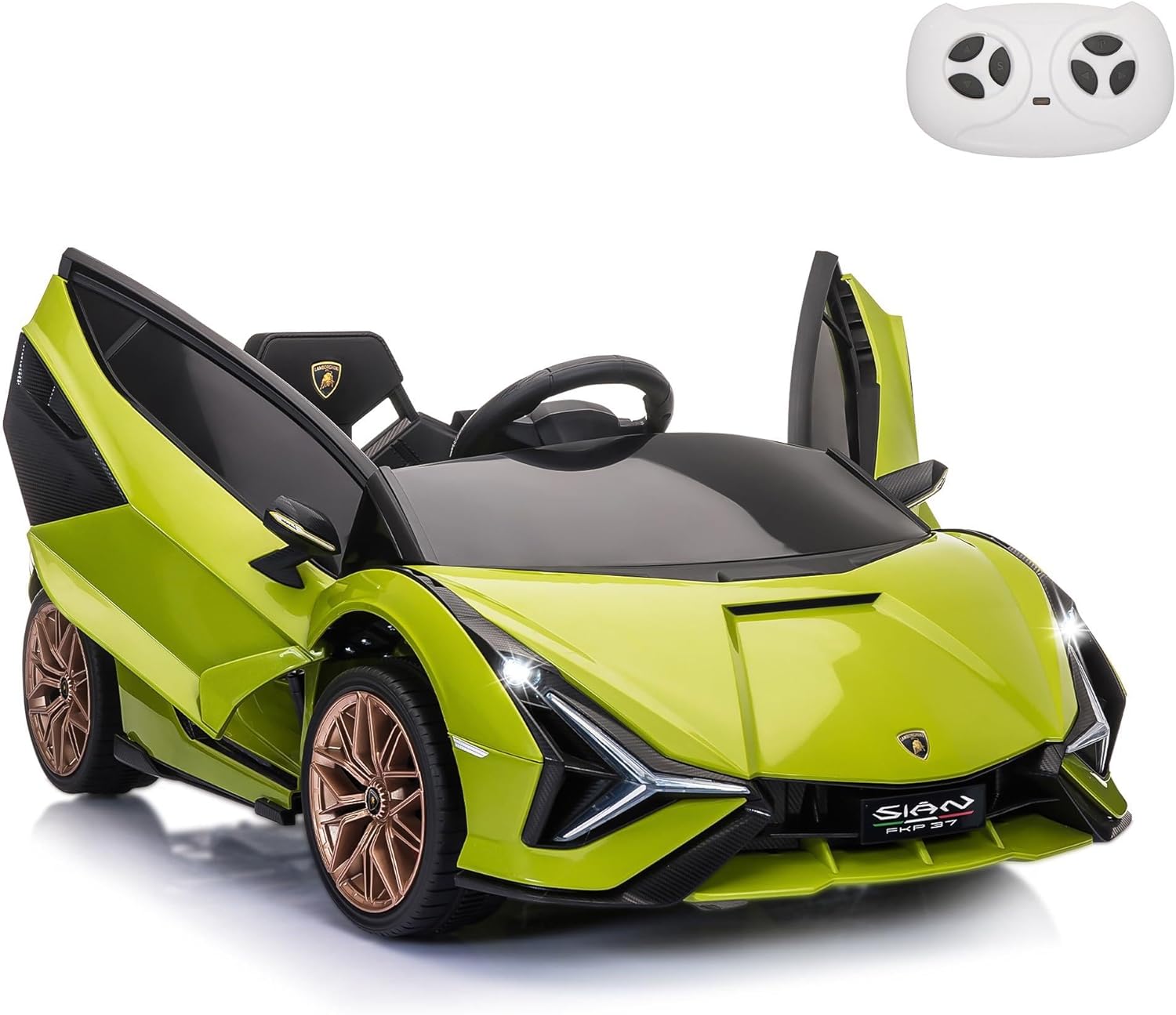 TOBBI 12V Lamborghini Sian Ride-On Car for Kids 3-6, Licensed w/ Remote Control, LED Lights, Spring Suspension, Horn - Green