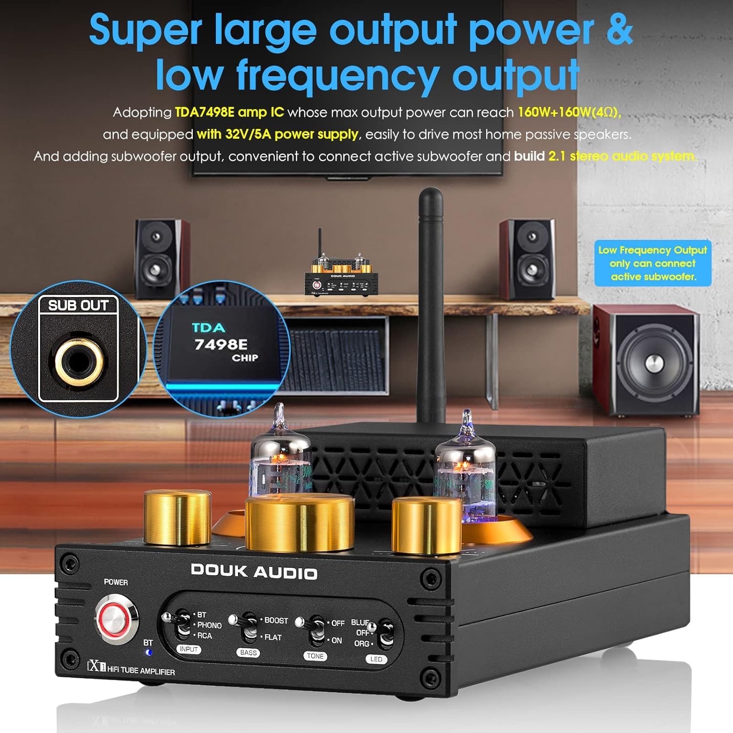 Douk Audio X1 amplificatore a valvole, amplificatore HiFi Bluetooth 5.0, amplificatore audio stereo a valvole GE5654, amplificatore phono MM, 160Wx2 chip TDA7498E, manopola di controllo acuti e bassi