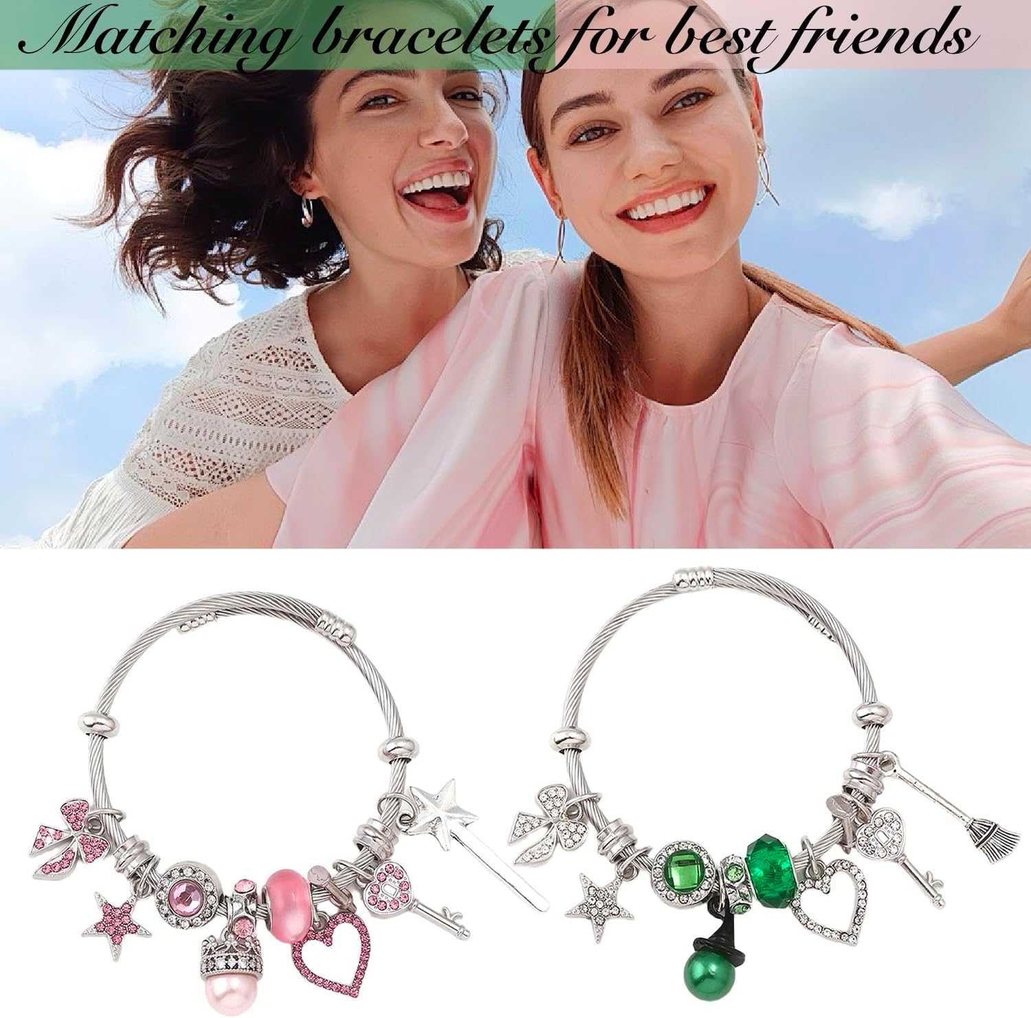 2 Pcs Elphaba Glinda Matching Friendship Charm Bracelets Merch With Gift Cards,With Sparkly Crown&Witch Hat,Witch Bracelet,Witch Jewelry,Wicked Friendship Gifts For Best Friend-Couples-Birthday-Party Favor - Image 5
