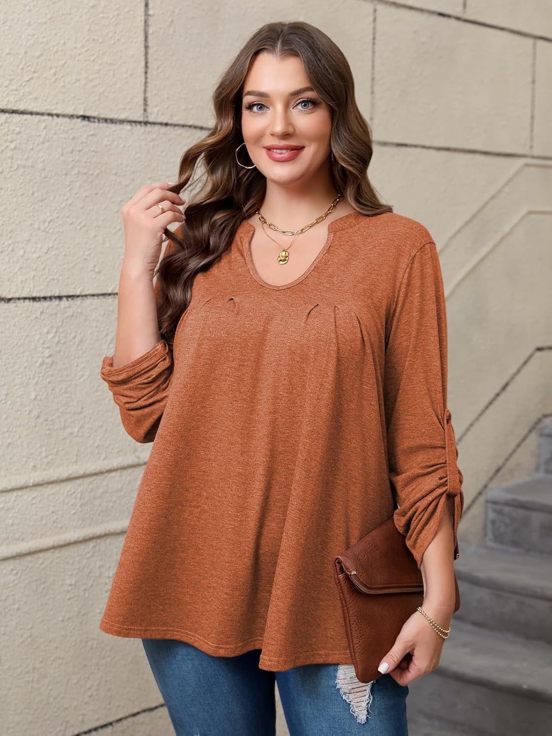 Women's Plus Size Tops V Neck Roll Up 3/4 Sleeve Tunic Pleated Casual Shirts Trendy Dressy Flowy Going Out Blouse - Image 3