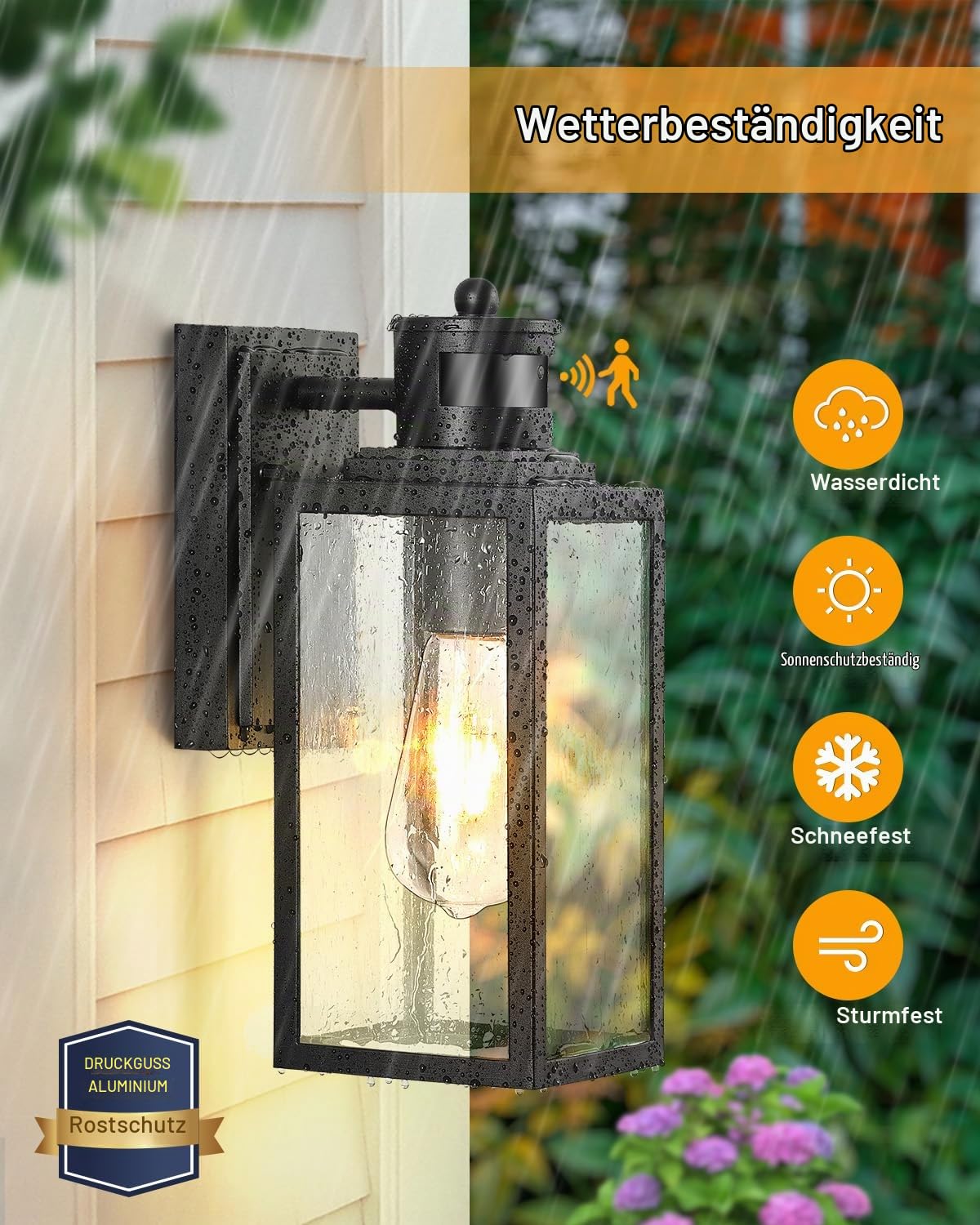 VIANIS Außenleuchte mit Bewegungsmelder, Modern PIR Aussenlampe Wand für Häuser, E27 Wandleuchte Schwarz mit Seed-Glas, Wasserdichte Außenbeleuchtung aus Aluminium, Außenlampe Eingangsleuchte für Flur