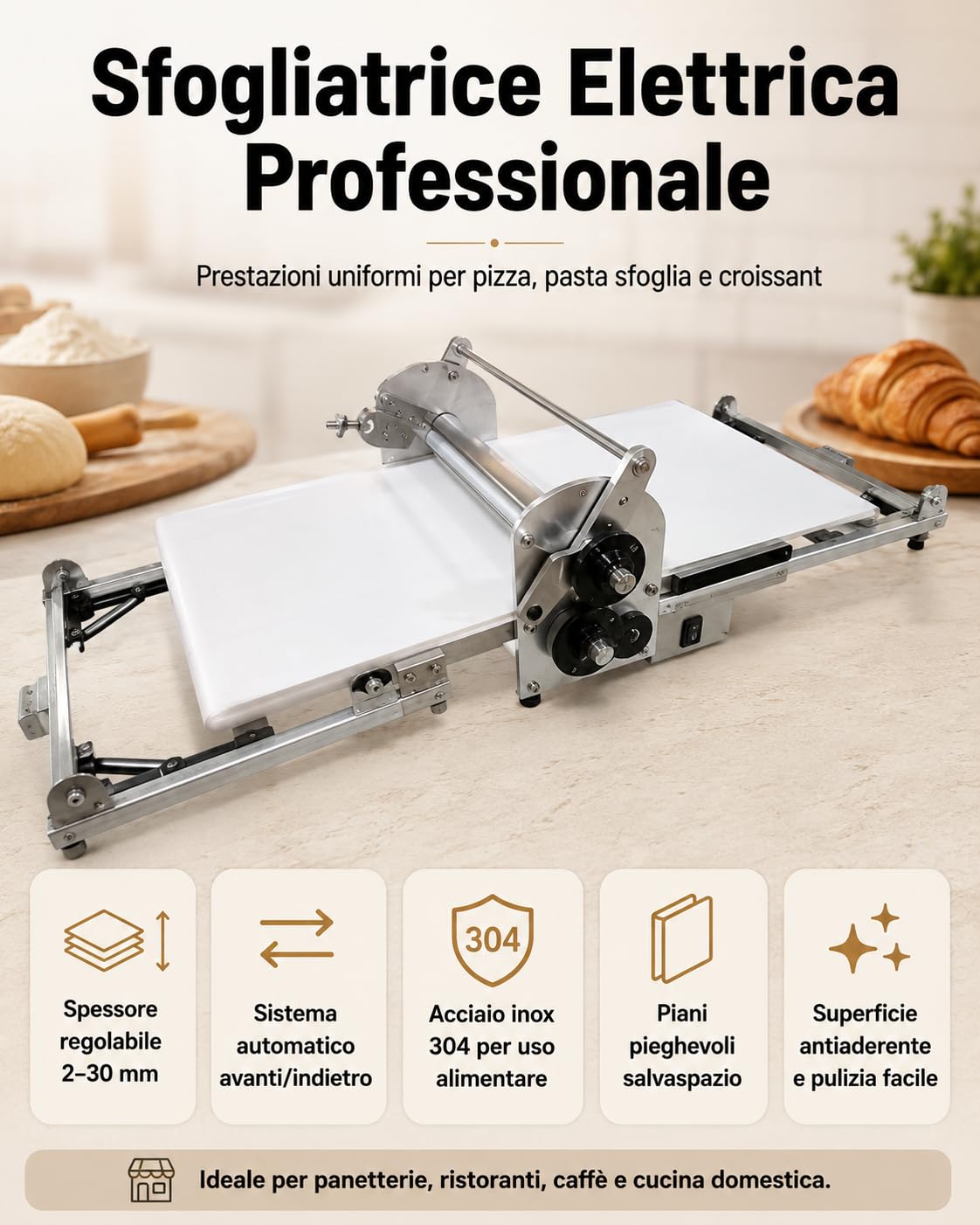Sfogliatrice Elettrica Professionale 22,7", Laminatrice Per Impasti Con Spessore Regolabile 2–30 Mm, Design Pieghevole, Rullo In Acciaio Inox Per Pizza, Pasta Sfoglia E Panifici