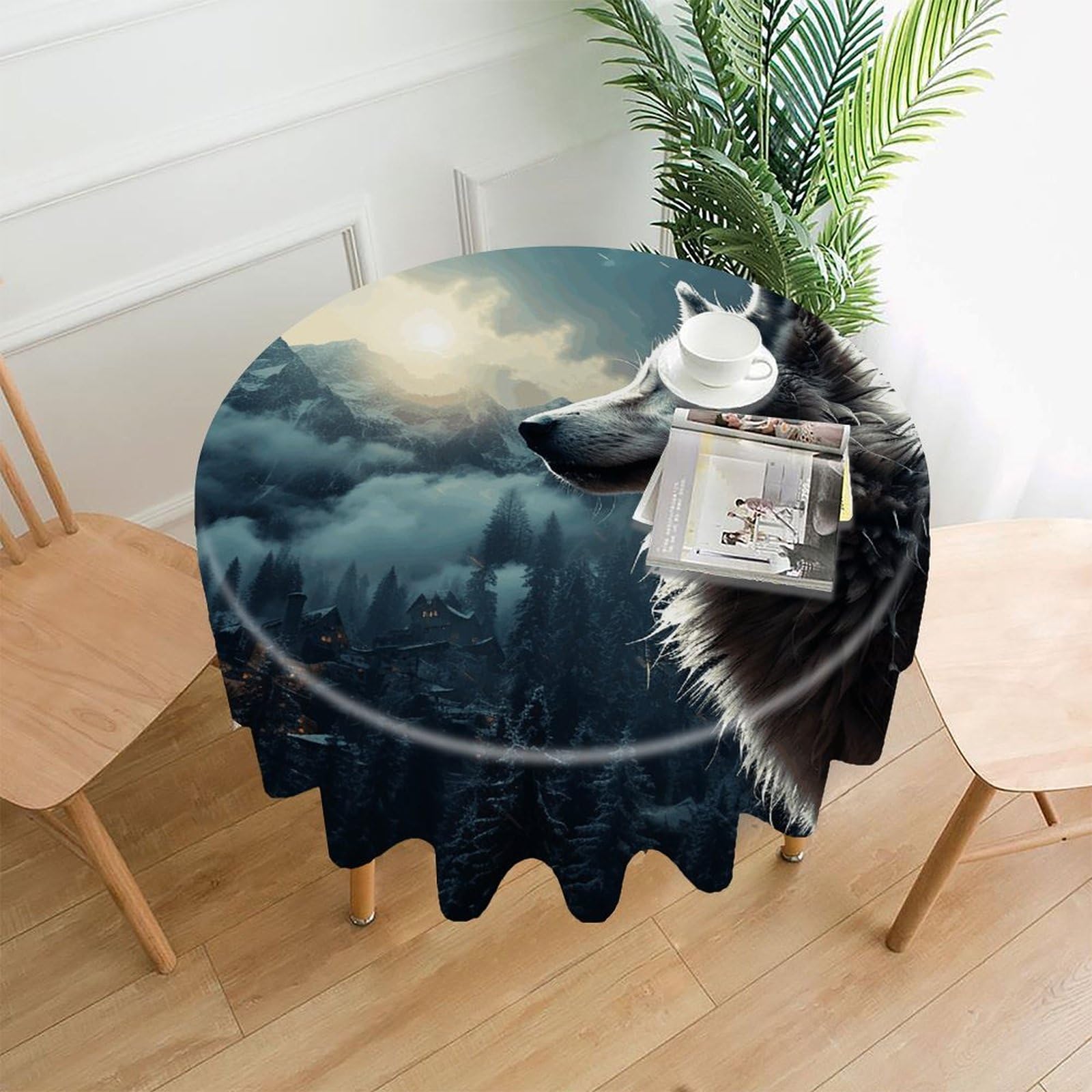 VstaDank Wolf at Night Tablecloth Easy to Clean Polyester Round Table Cover Washable Round Table Cloth Wrinkle-Free Circle Decoration Tablecloth for Kitchen Dining Room 60"