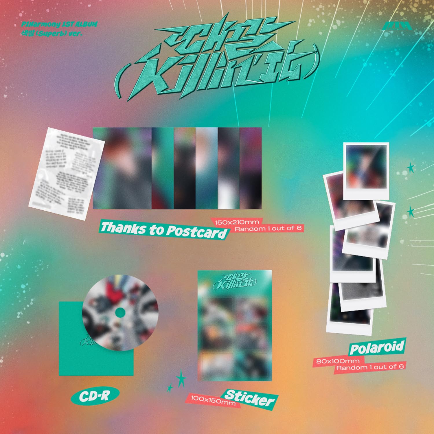 P1Harmony - 1st Album [Killin' It] (Superb Ver.) Out Box + Photo Book + CD-R + Thanks to Postcard + Folded poster + Sticker + Polaroid + Unit Photo Card + Selfie Photo Card + 3 Extra Photocards