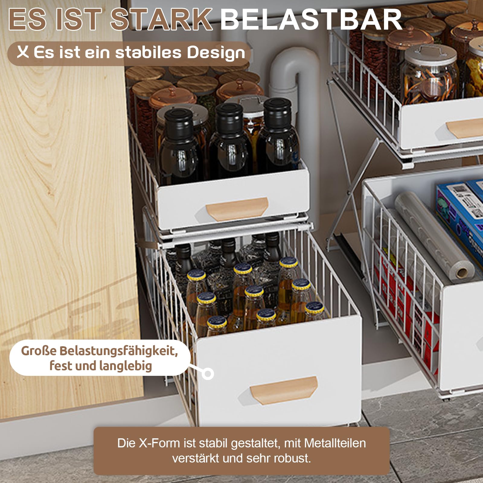 2 Etagen Gewürzaufbewahrung, Schubladen unter dem Waschbecken, Weiß | Metall Gewürzregal, Anhebbares Schrank Organizer küche, Putzmittel Organizer, Höhenverstellbar, 40 * 26 * 43CM,1 Stück
